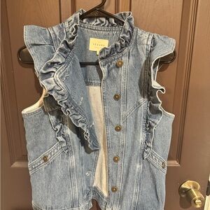 Sézane Blue Denim Ruffled Sleeveless Vest